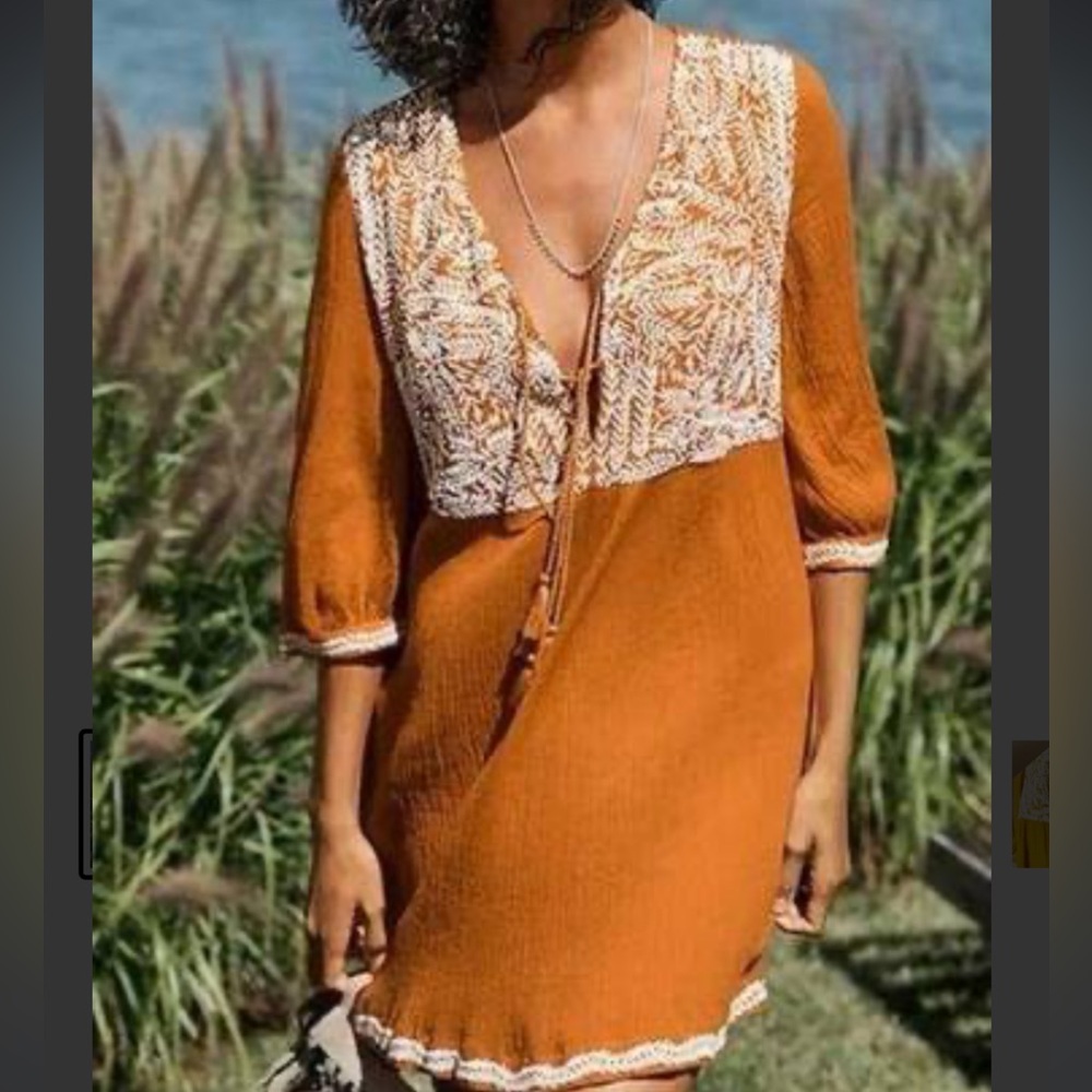 Garnet Hill Tunic Top Women's Small Brown Embroidered Tassel Gauze Boho Peasant
